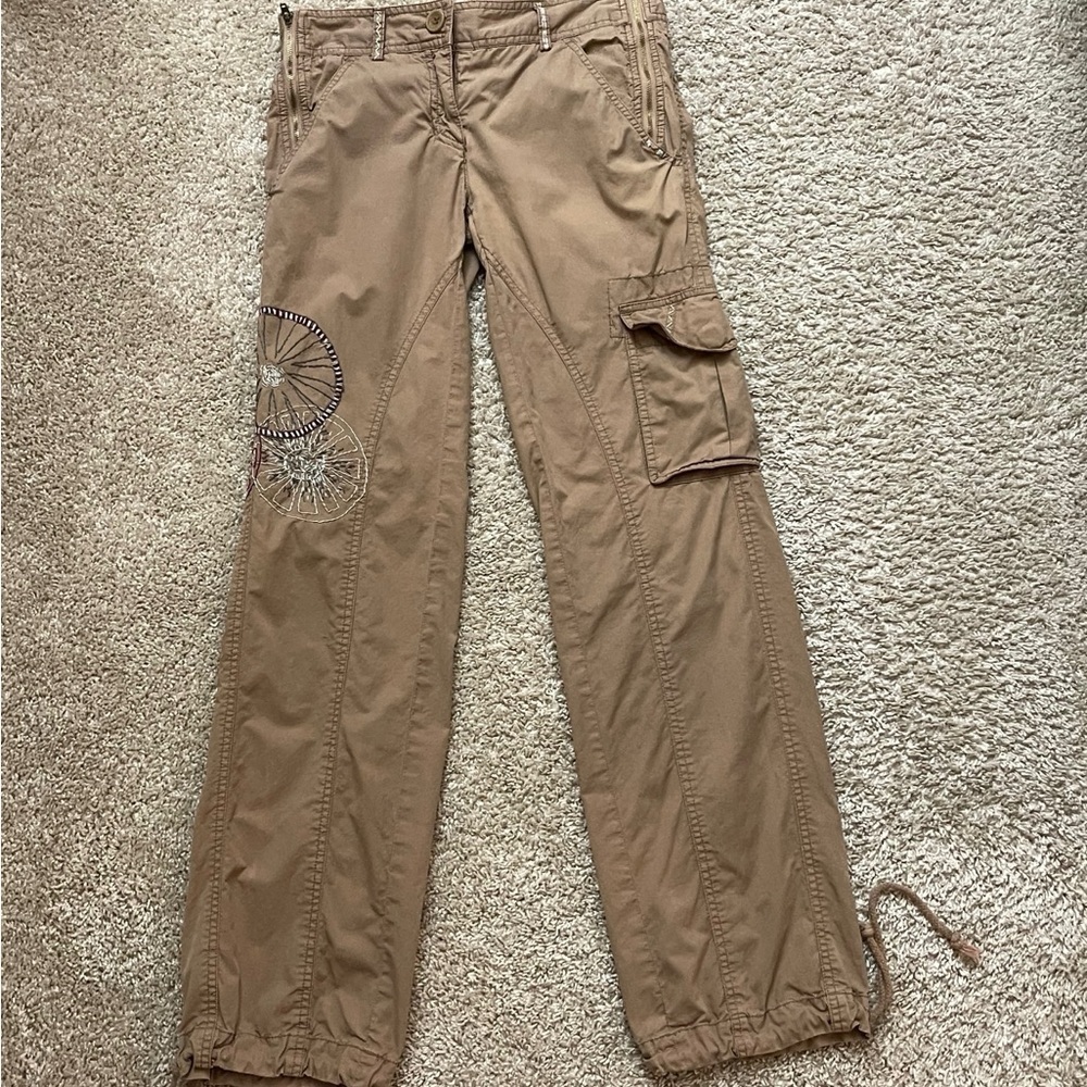 Y2K BCBGMaxAzria Embroidered Tan Cargo Pants Casual Skater Festival